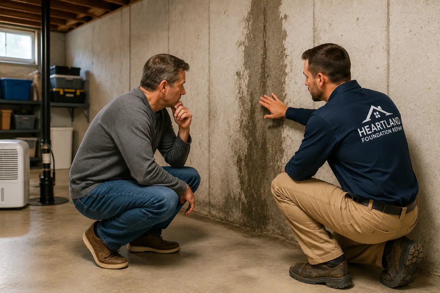 homeowner inspecting basement wall while waterproofing professional evaluates moisture intrusion